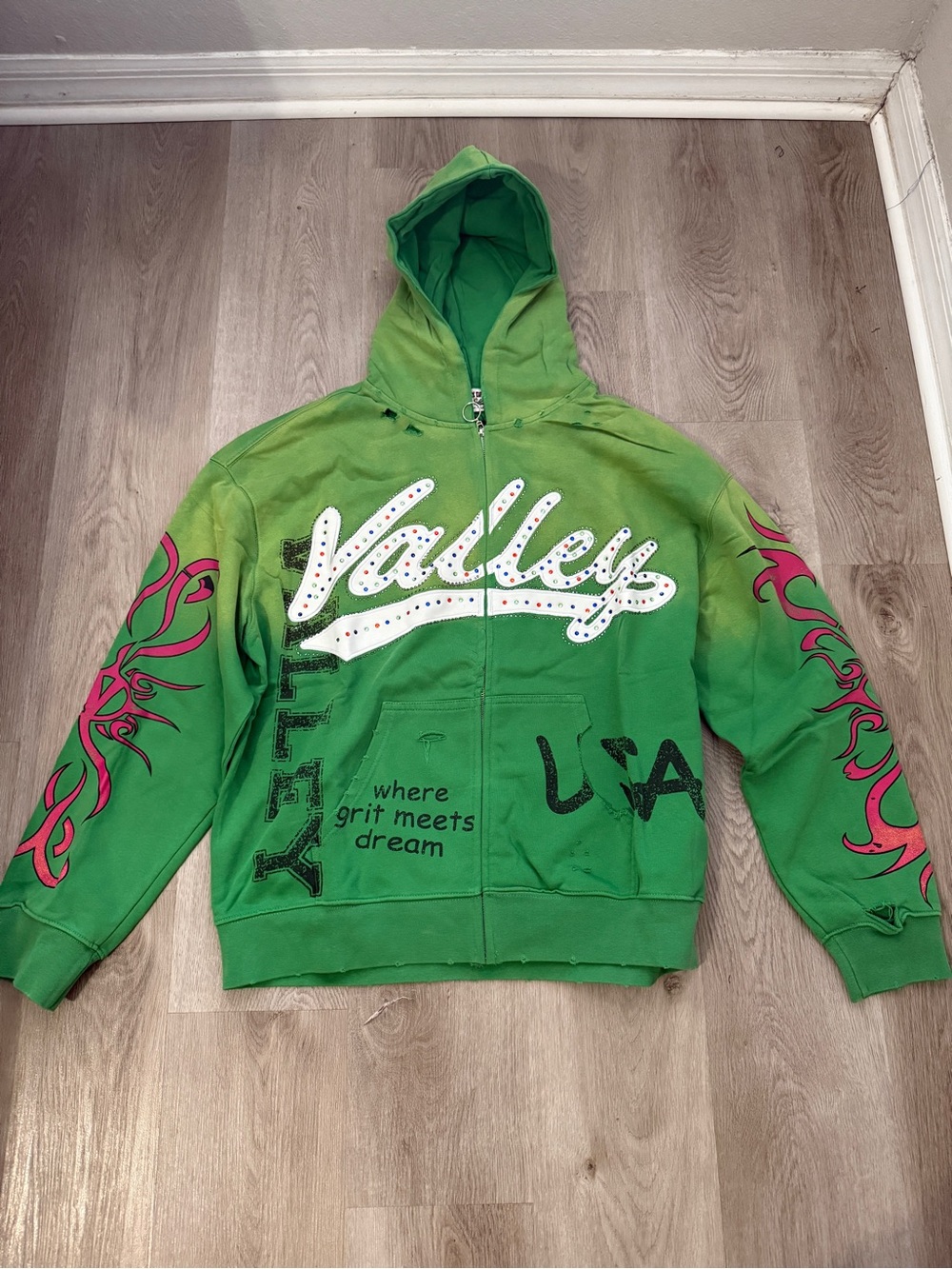 Valley Green Zip-Up Hoodie with Pink Sleeve Accents